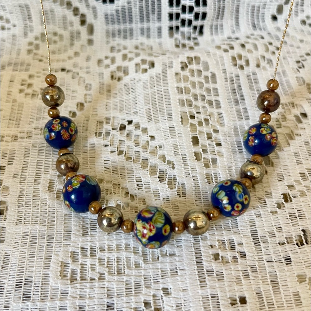 Elegant Blue and Gold Glass Beaded Necklace